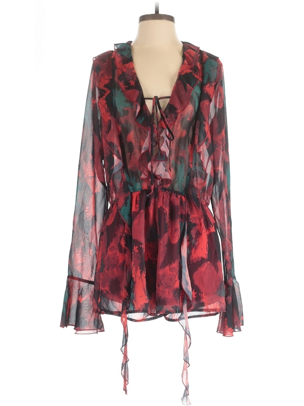 Fashion Nova Sheer Floral Print Ruffled Jumpsuit Romper in Red & Teal